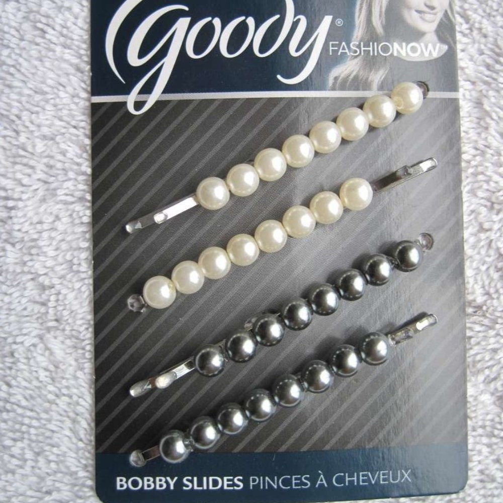 4 Goody Fashionow Luxe Shiny White Pearl Beaded Bobby Slide Hair Pins Ball Tips